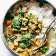 Green curry in a bowl with veggies
