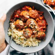 A picture of Chicken Meatballs with Peppers and Orzo