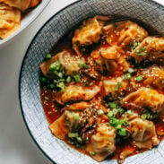 Chicken wontons in a spicy chili broth