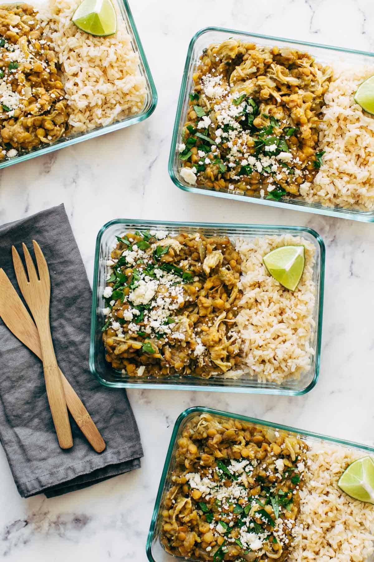 Cilantro Lime Chicken and Lentils meal prep in containers.