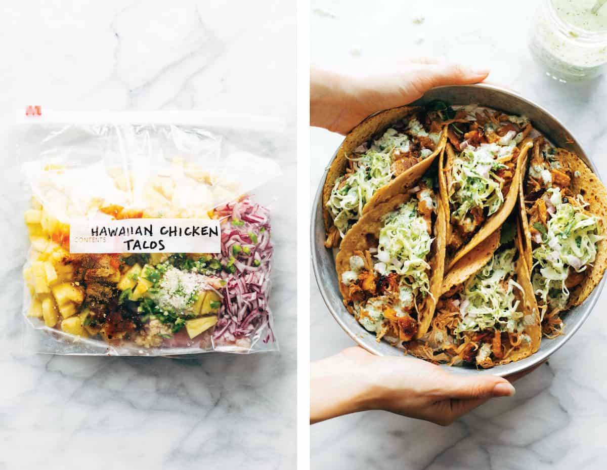 Instant Pot Hawaiian Chicken Tacos with Jalapeño Ranch Slaw from a bag to a bowl.