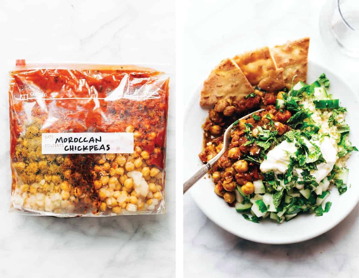 Moroccan Chickpeas in a plastic bag with the finished dish to the right.