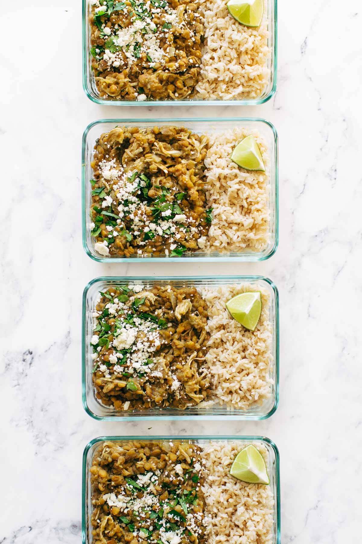 Cilantro Lime Chicken and Lentils in meal prep containers.