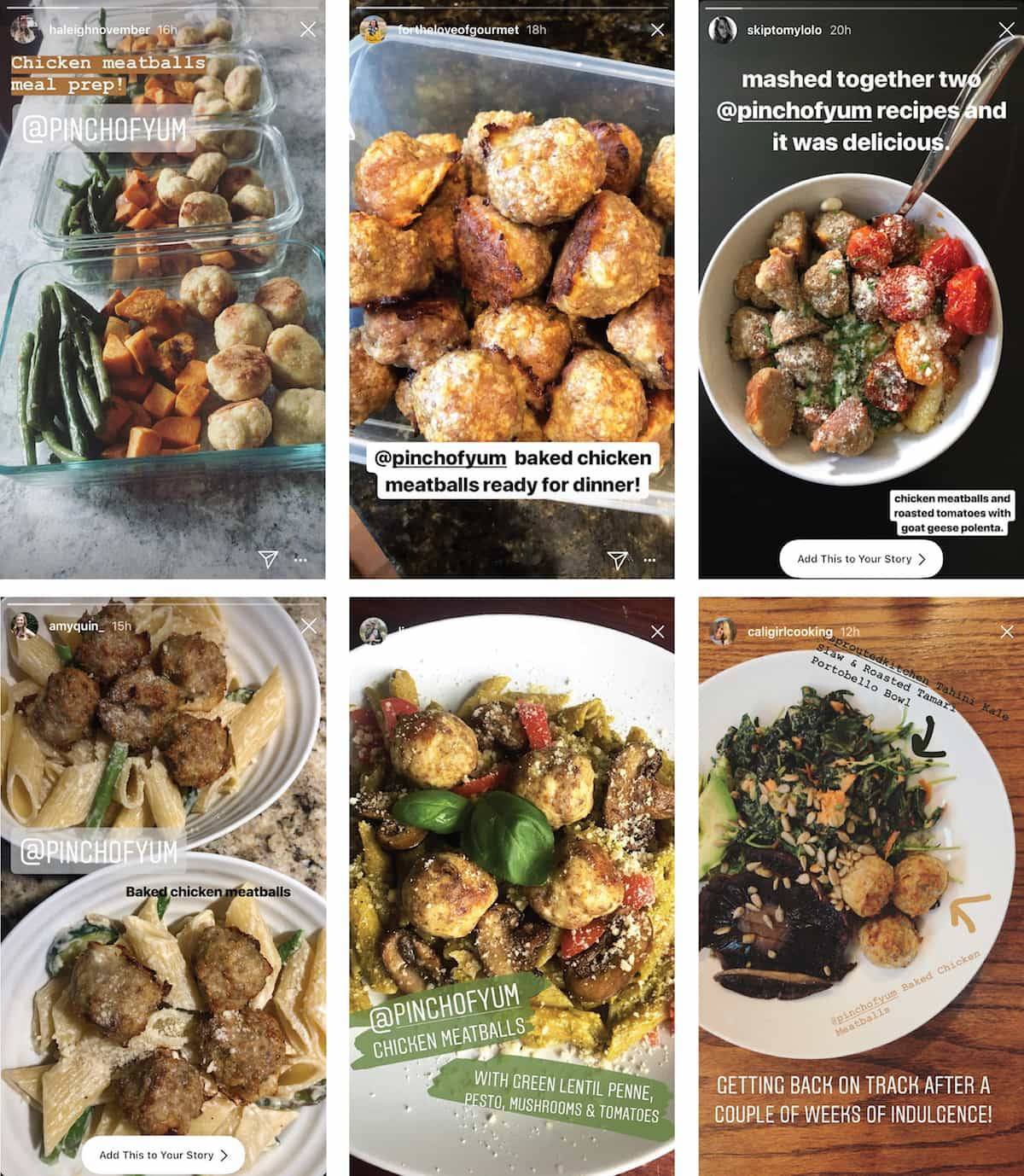 Collage of user generated content showing readers' images of baked chicken meatballs. 