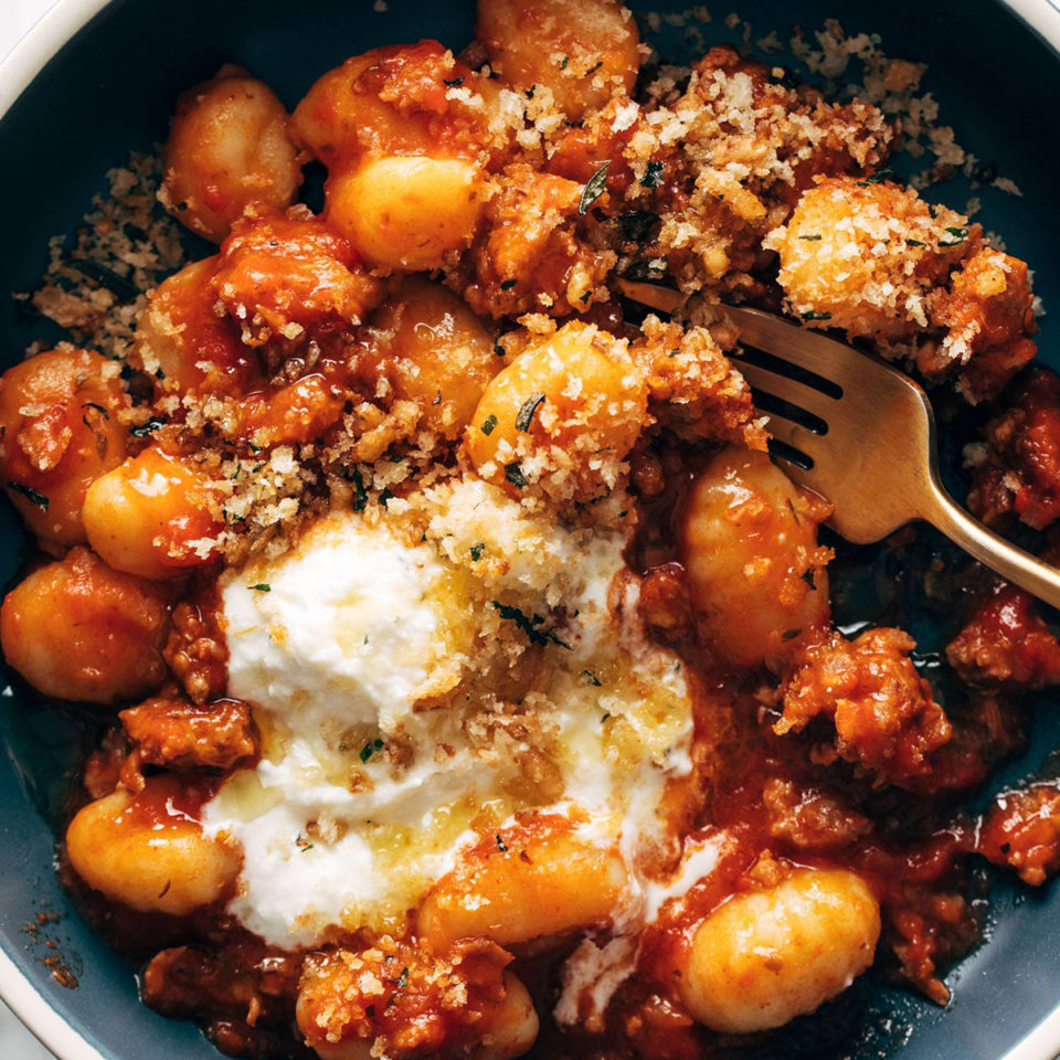 Gnocchi with red sauce in a bowl