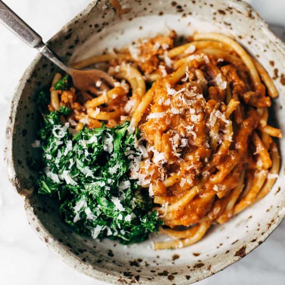 Pumpkin Spaghetti in a bowl with kale.