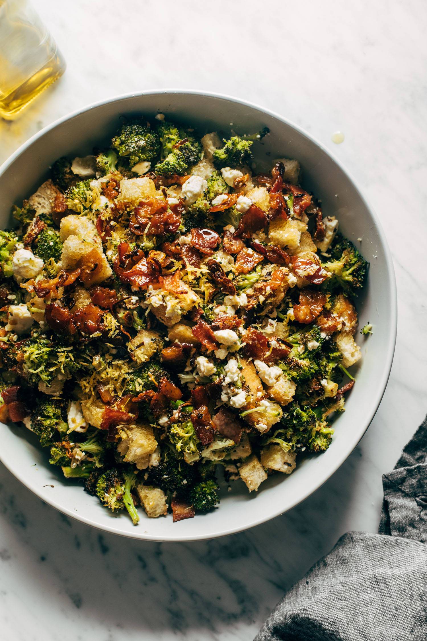 Roasted broccoli salad in a large bowl. 