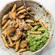 Mushroom Penne with pesto in a bowl.
