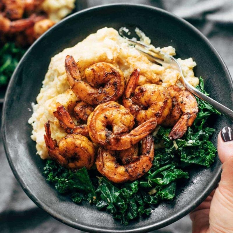 A picture of Spicy Shrimp with Cauliflower Mash and Garlic Kale