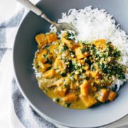 Sweet Potato Curry in a bowl with rice.